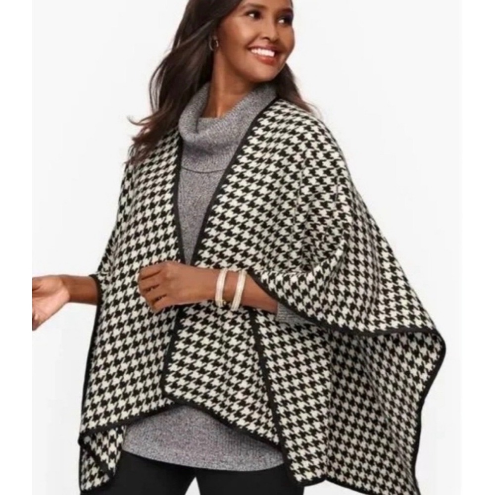 Talbots Poncho Ruana‎ NEW Houndstooth Wool Blend Wrap Black White XS/S